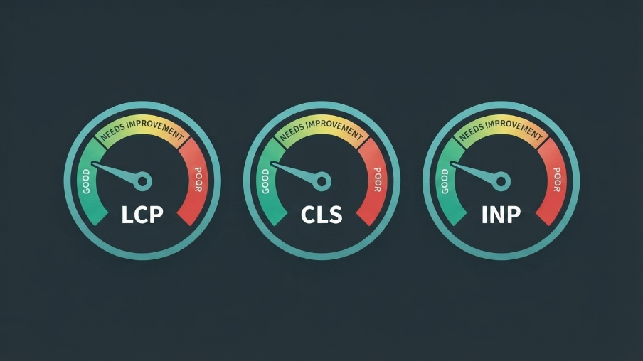 Core Web Vitals diagram showing LCP, CLS, and INP as three performance gauges