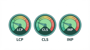 Core Web Vitals overview showing LCP, CLS, and INP as three speed and stability gauges