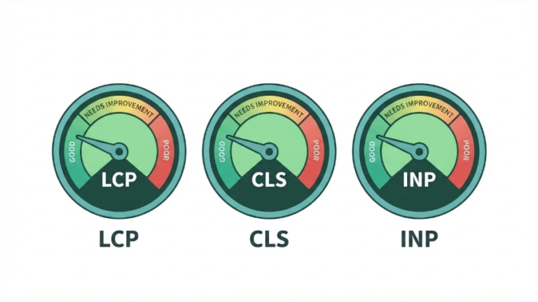 Core Web Vitals overview showing LCP, CLS, and INP as three speed and stability gauges