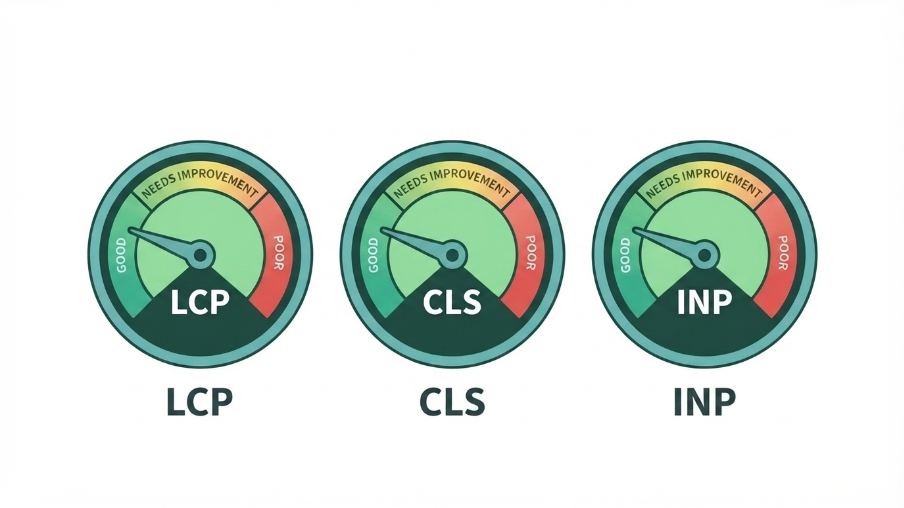 Core Web Vitals overview showing LCP, CLS, and INP as three speed and stability gauges