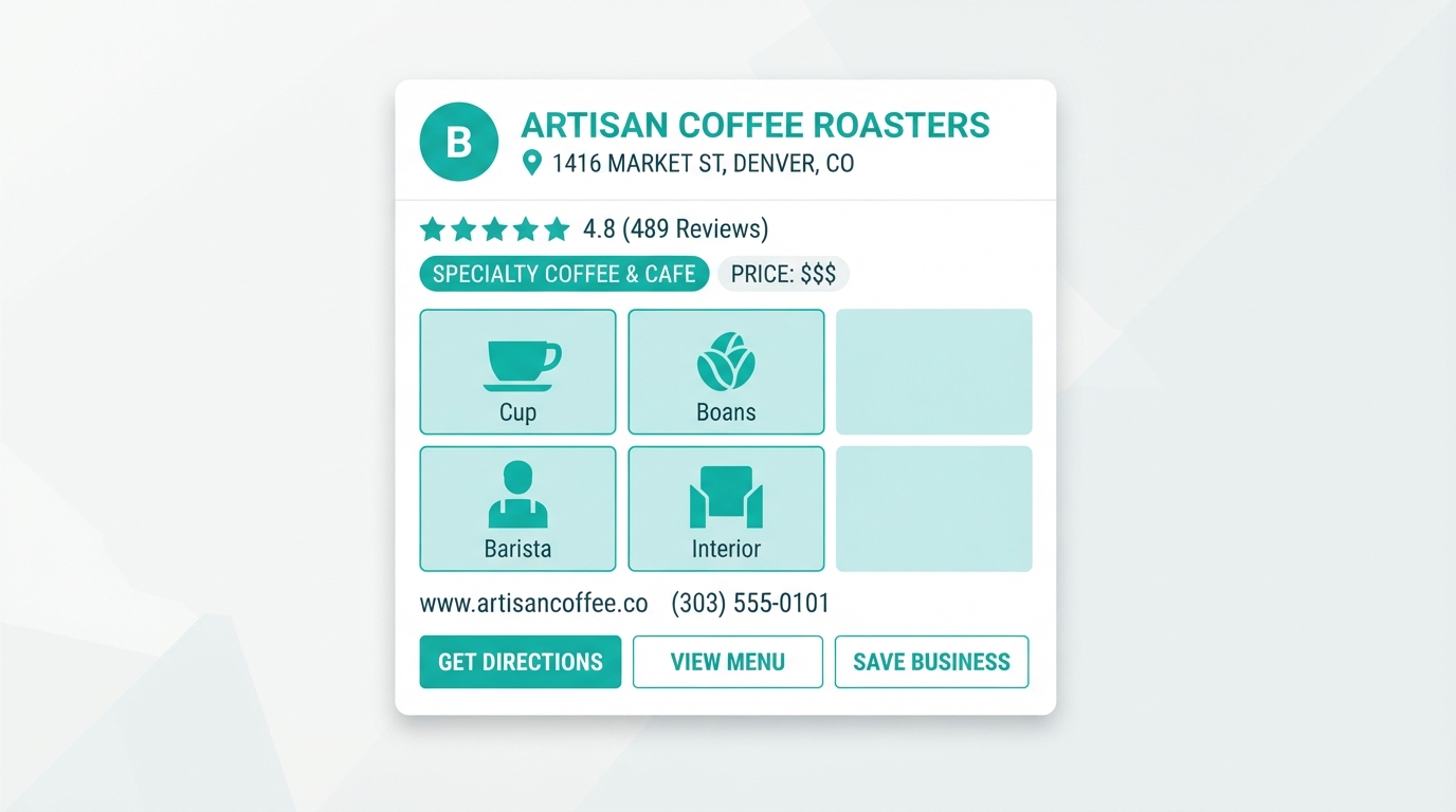Illustration of an optimized Google Business Profile with categories, photos, and hours filled in