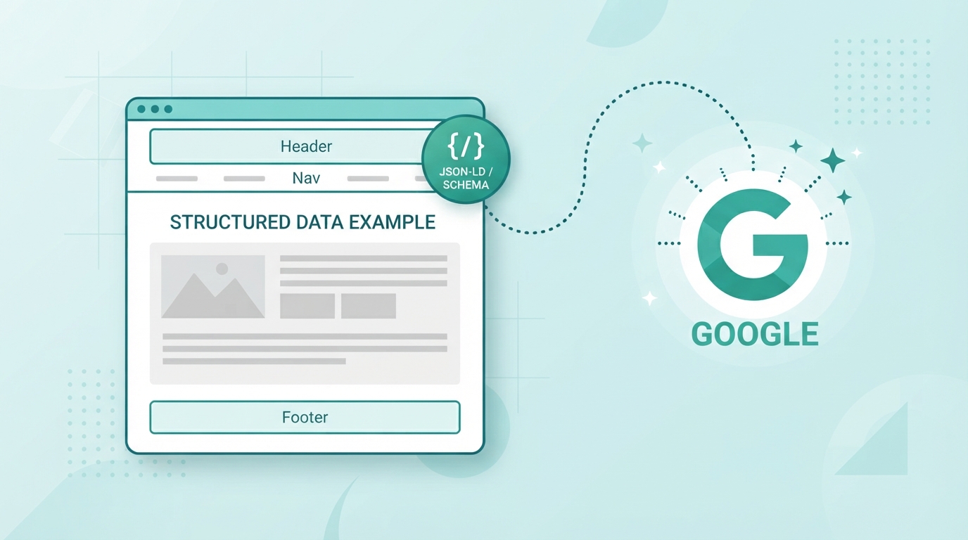 Simplified illustration of JSON-LD structured data code embedded in a webpage