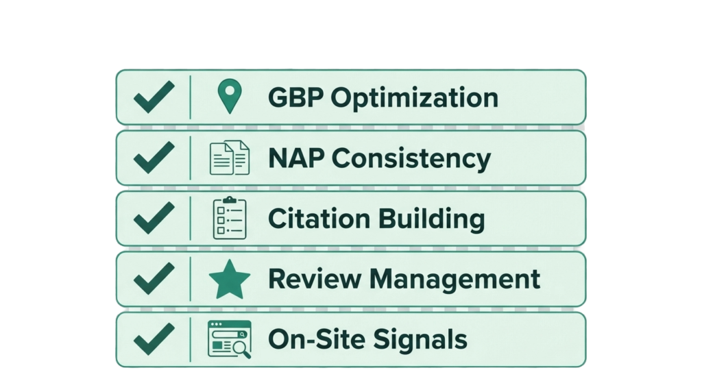 Illustration of three local business listings appearing in Google's Map Pack results