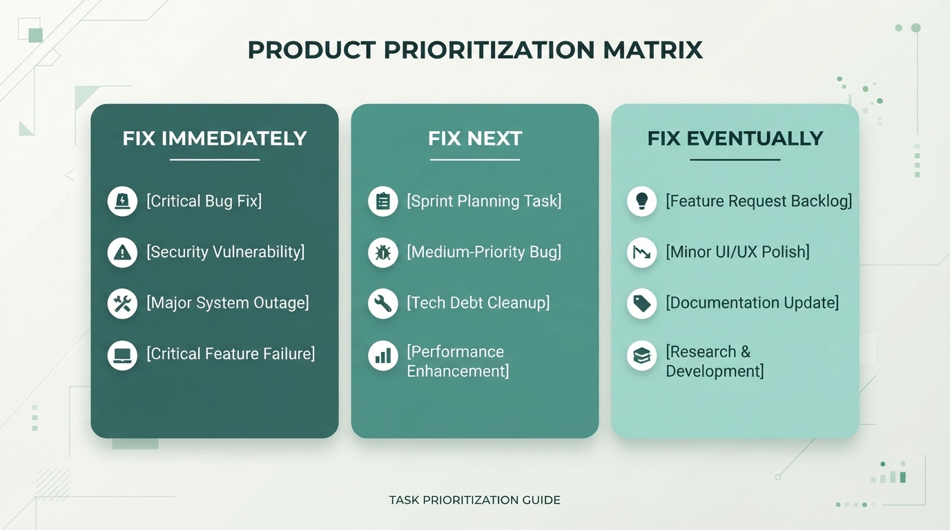 Priority matrix showing SEO audit fixes sorted into fix immediately, fix next, and fix eventually