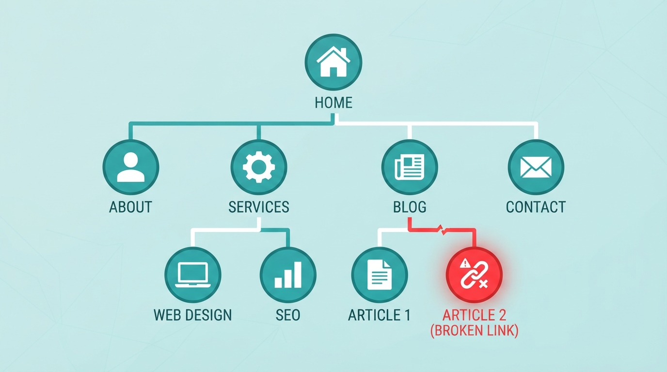 Illustration of a website crawl mapping out pages, links, and errors