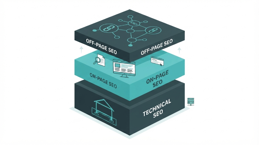 Diagram comparing technical SEO, on-page SEO, and off-page SEO as three connected layers