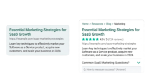 Before and after search result comparison showing plain listing versus rich result with schema markup