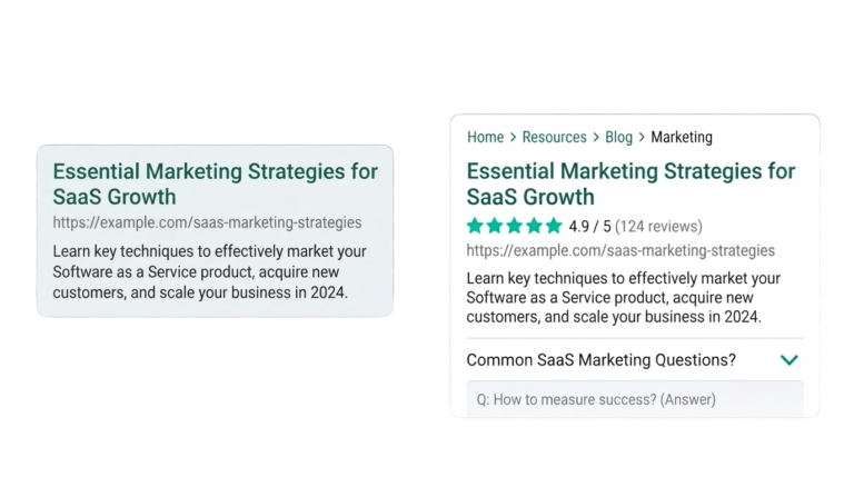 Before and after search result comparison showing plain listing versus rich result with schema markup