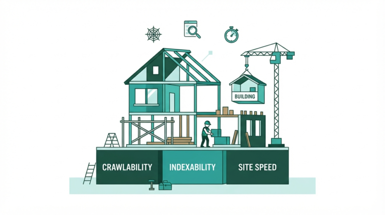 Technical SEO foundation illustration showing crawlability, indexing, and site speed as building blocks